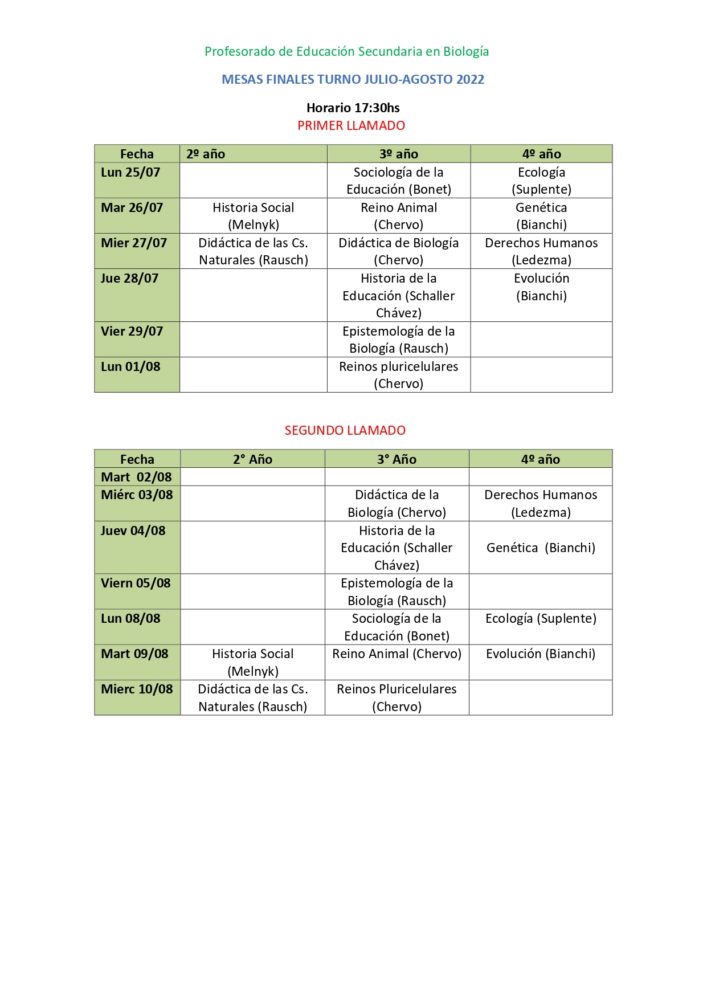 Cronograma Mesas de Exámenes Finales Turno Julio Agosto 2022